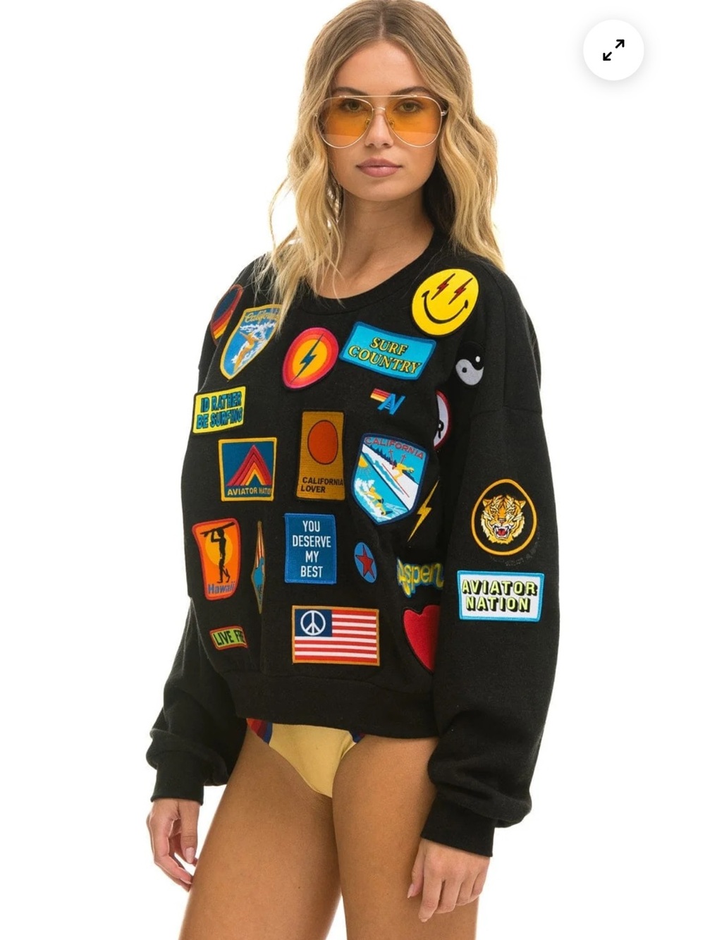 New Aviator Nation VINTAGE PATCH RELAXED CREW SWEATSHIRT -BLACK Small